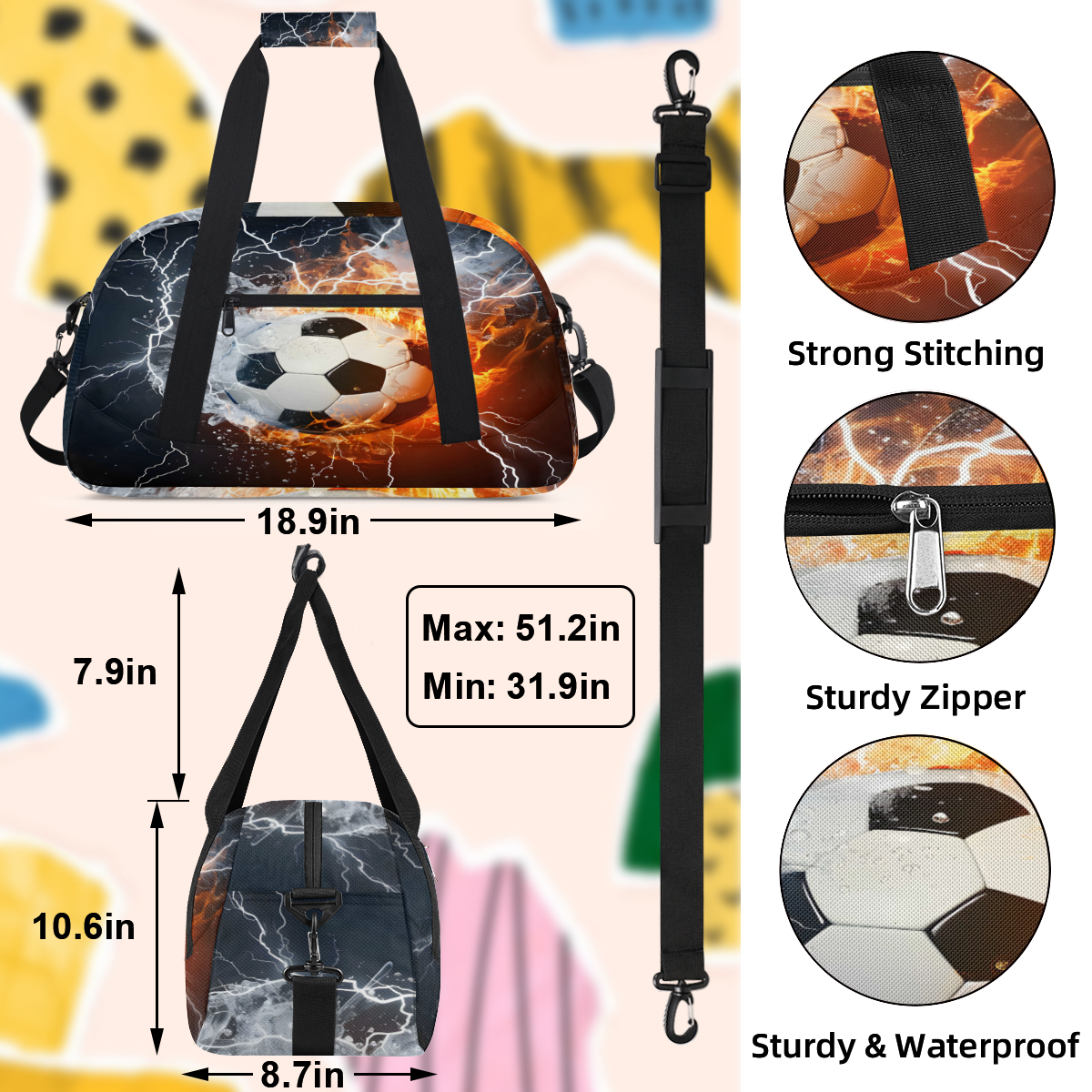 Herdesigns Soccer Ball Fire And Water Sports Duffle Bag for Women & Men, Gym Bag Dance Bag Overnight Bag Carry On Weekender Travel Bag