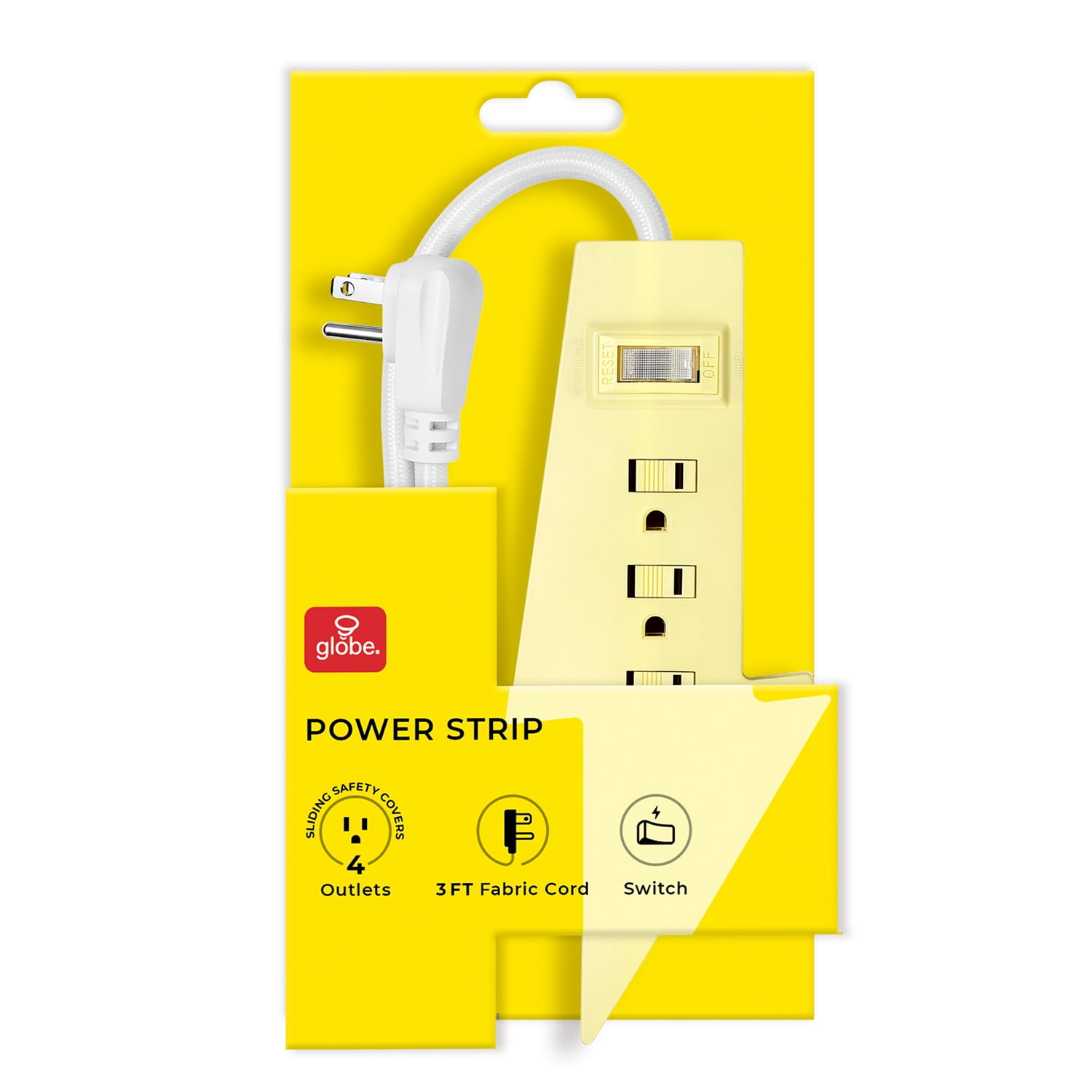 Globe Electric 4-Outlet Indoor Power Strip, 3 ft Braided Fabric Cord, Flat Plug, Yellow