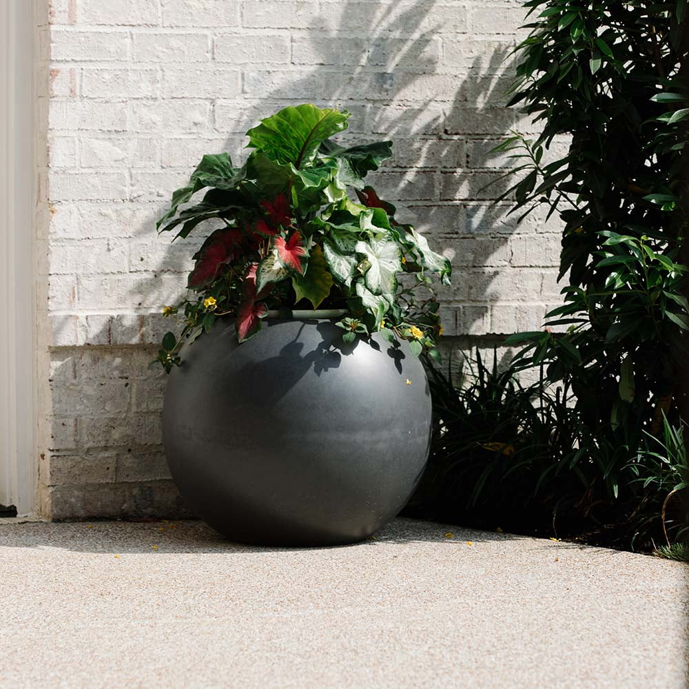 Ash & Ember Onyx 24" D Ceramic Indoor Outdoor Round Sphere Planter, Charcoal, Home Décor Evergreen Weather Resistant Modern Planter Pot