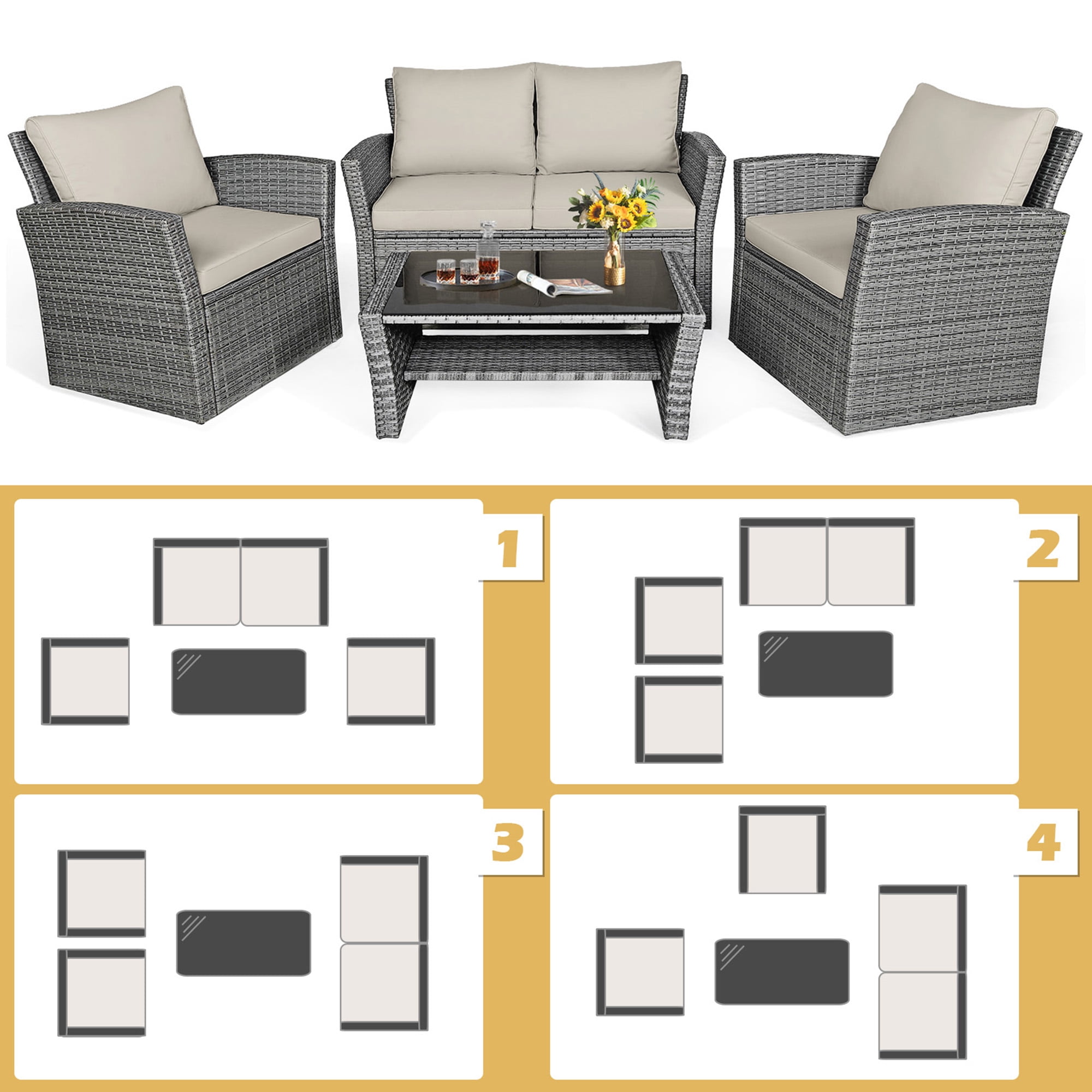Gymax 4PCS Patio Rattan Conversation Set Outdoor Furniture Set w/ Khaki Cushions