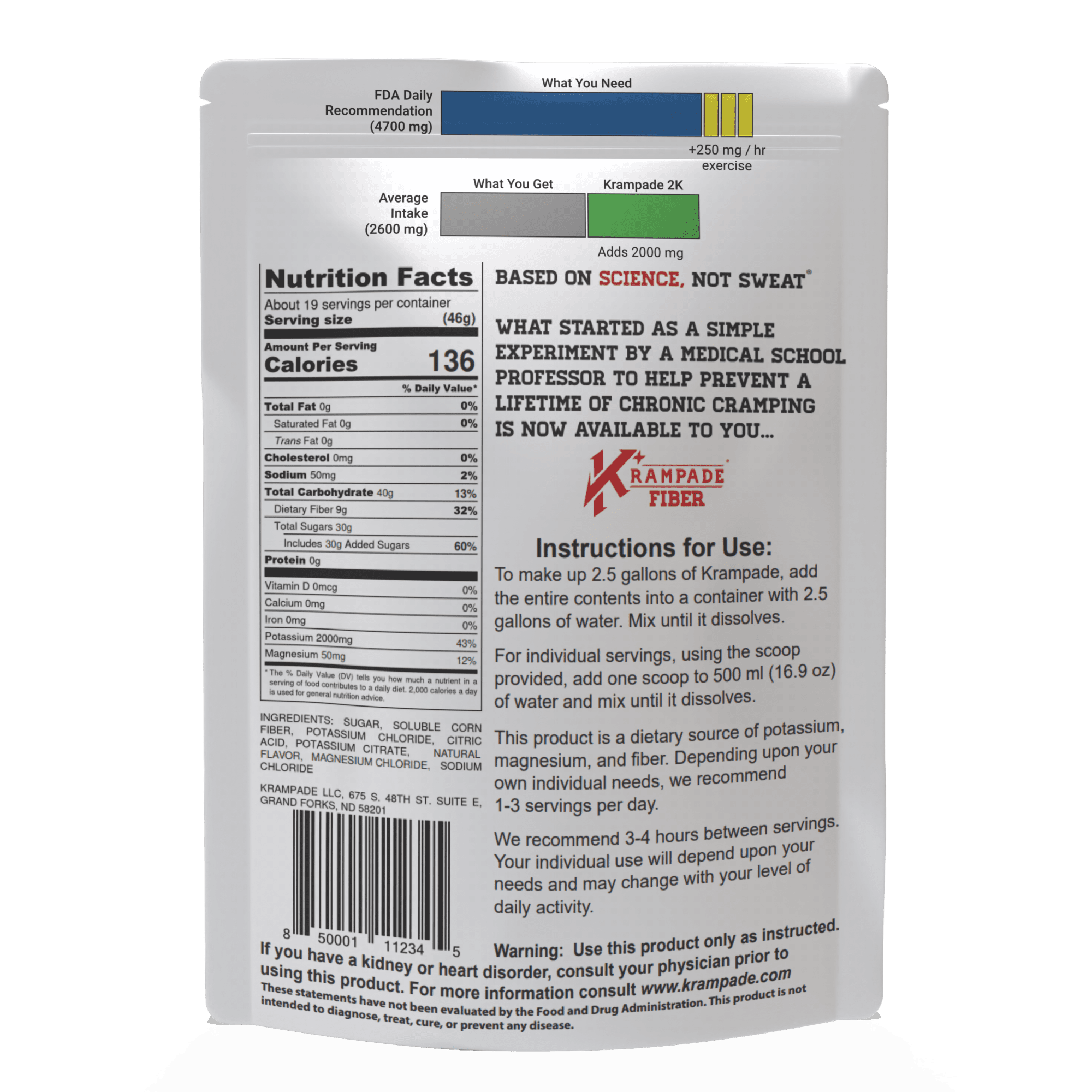 Krampade High Fiber High Potassium Electrolyte Powder Lemon Lime Leg Cramp Relief Digestive Health Support 1 Count 19 Servings