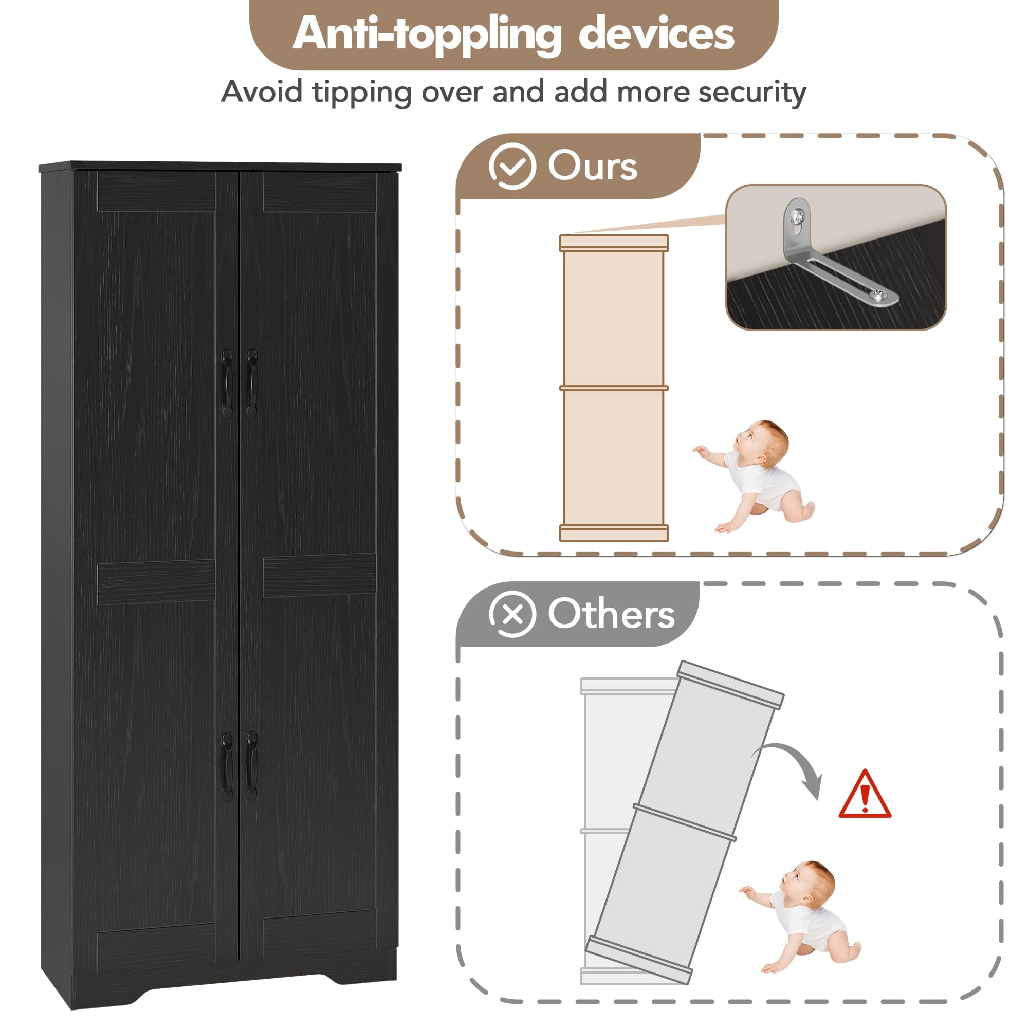 Danolapsi Kitchen Pantry Cabinet, Freestanding Black Pantry Storage Cabinet, 60" Cupboard, Tall Bathroom Storage Cabinet with 2 Doors and Adjustable Shelves, for Dining Room, Living Room