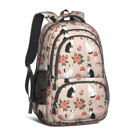 Black and White Cat and Mushroom Cute School Backpack Bag with Padded Back and Adjustable Shoulder Straps 16.9 X 12.6 X 5.9 Inches
