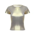 thumbnail image 4 of YEAHDOR Womens Metallic Shiny T-shirt Glossy Solid Color Short Sleeve Tees Tops Gold L, 4 of 7