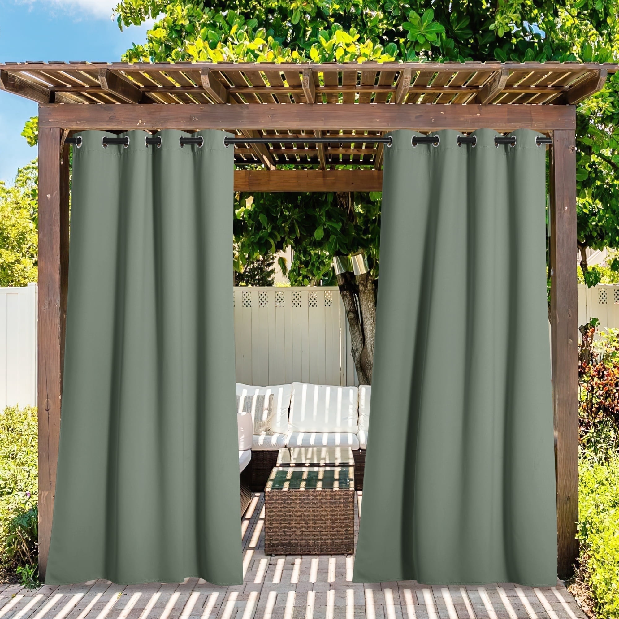 NICETOWN Outdoor Waterproof Curtains for Pergola Blackout Solid Thermal Insulation Drapes, W52 x L95, Set of 2, Greyish Green