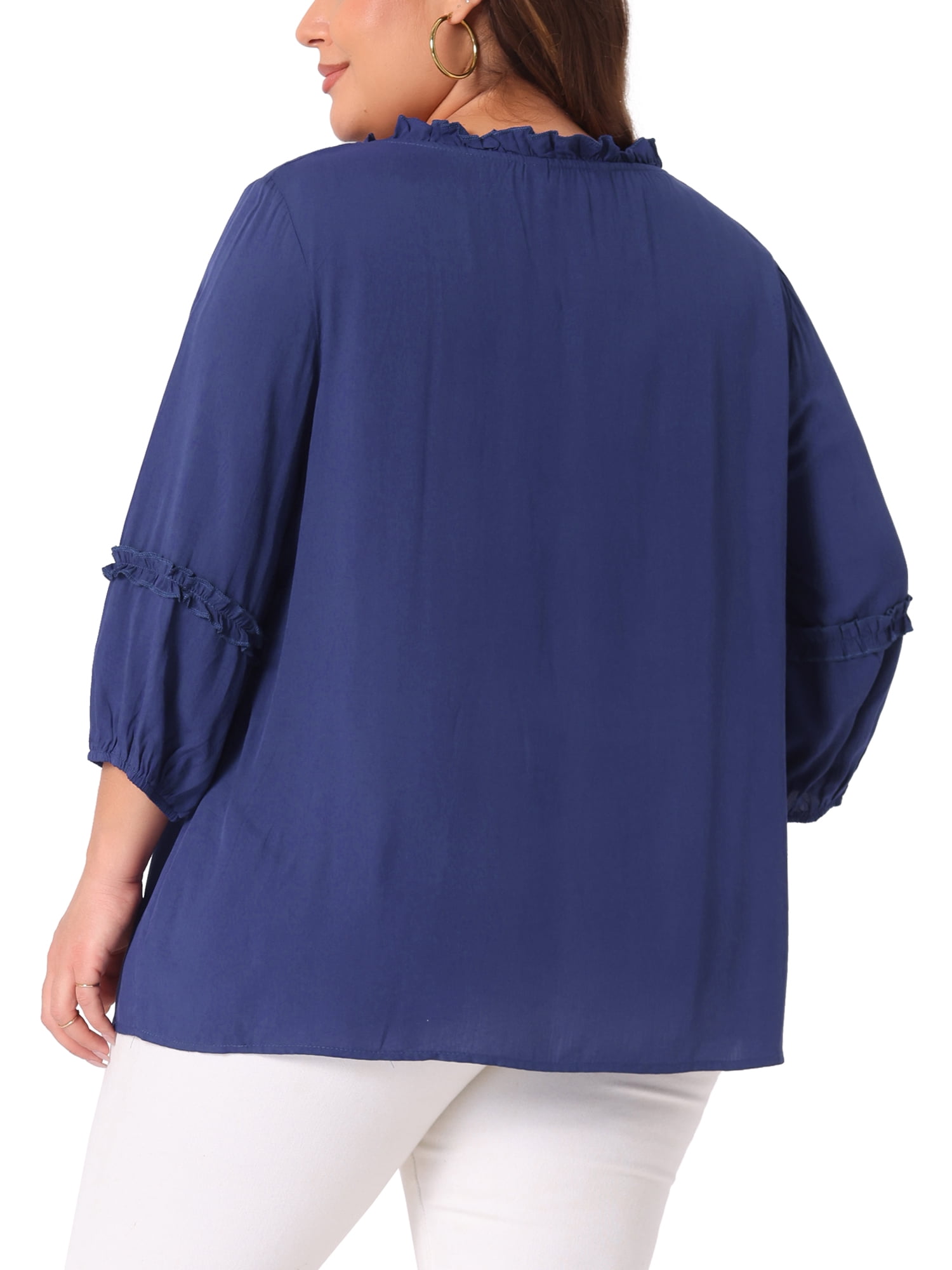 Women's Plus Tops Tie Neck Tassel Self Flutter 3/4 Sleeve Blouses Tops 4X Navy Blue