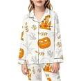 thumbnail image 4 of REDARER Girls 2 Piece Halloween Pajama Set Notch Collar Long Sleeve Button Top Matching Long Pants House Pumpkin Skull Bone Tree Print Home Sleep Loungewear Outfit,3-4 Years, 4 of 5