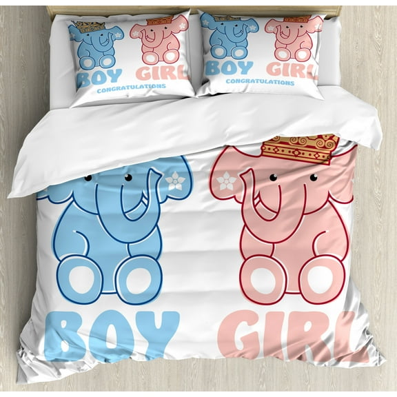 Gender Reveal Duvet Cover Set King Size, Boy and Girl Twins Elephants with Royal Crowns, Decorative 3 Piece Bedding Set with 2 Pillow Shams, Blush Pale Sky Blue Sand Brown and White, by Ambesonne
