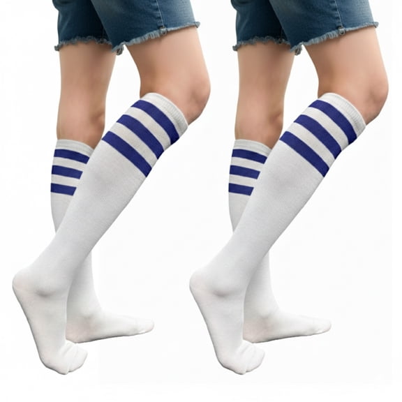 Couver Women's Athletic Knee High Socks 3 Stripes Cotton Blend White Blue 2 Pairs Size 9-11