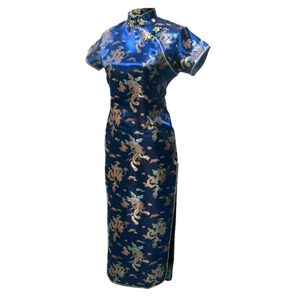 7Fairy Women's VTG Navy Long Chinese Evening Dress Cheongsam Qipao Size 14 US
