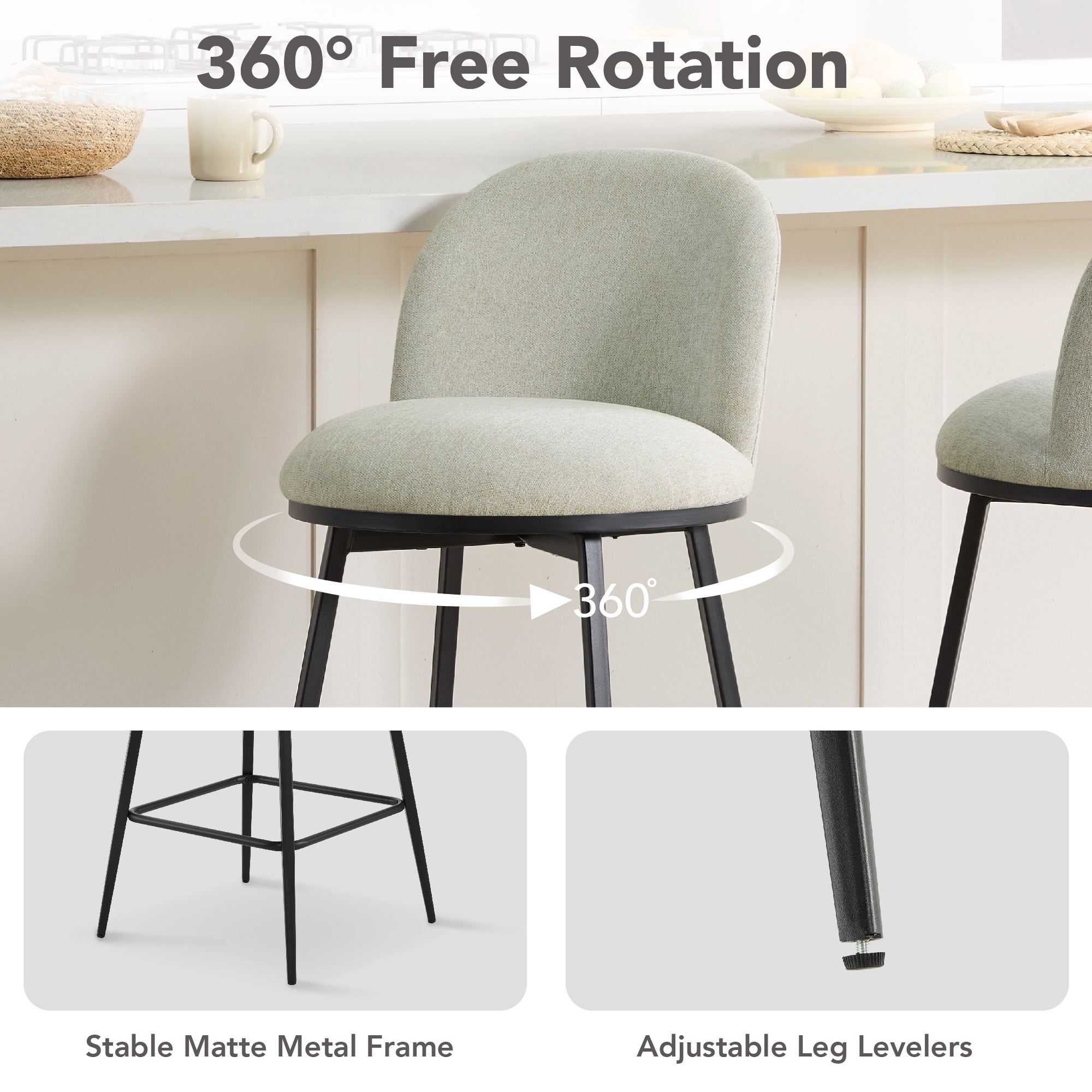 Spruce & Spring Counter Height Swivel Bar Stool with Metal Frame Set of 2, Light