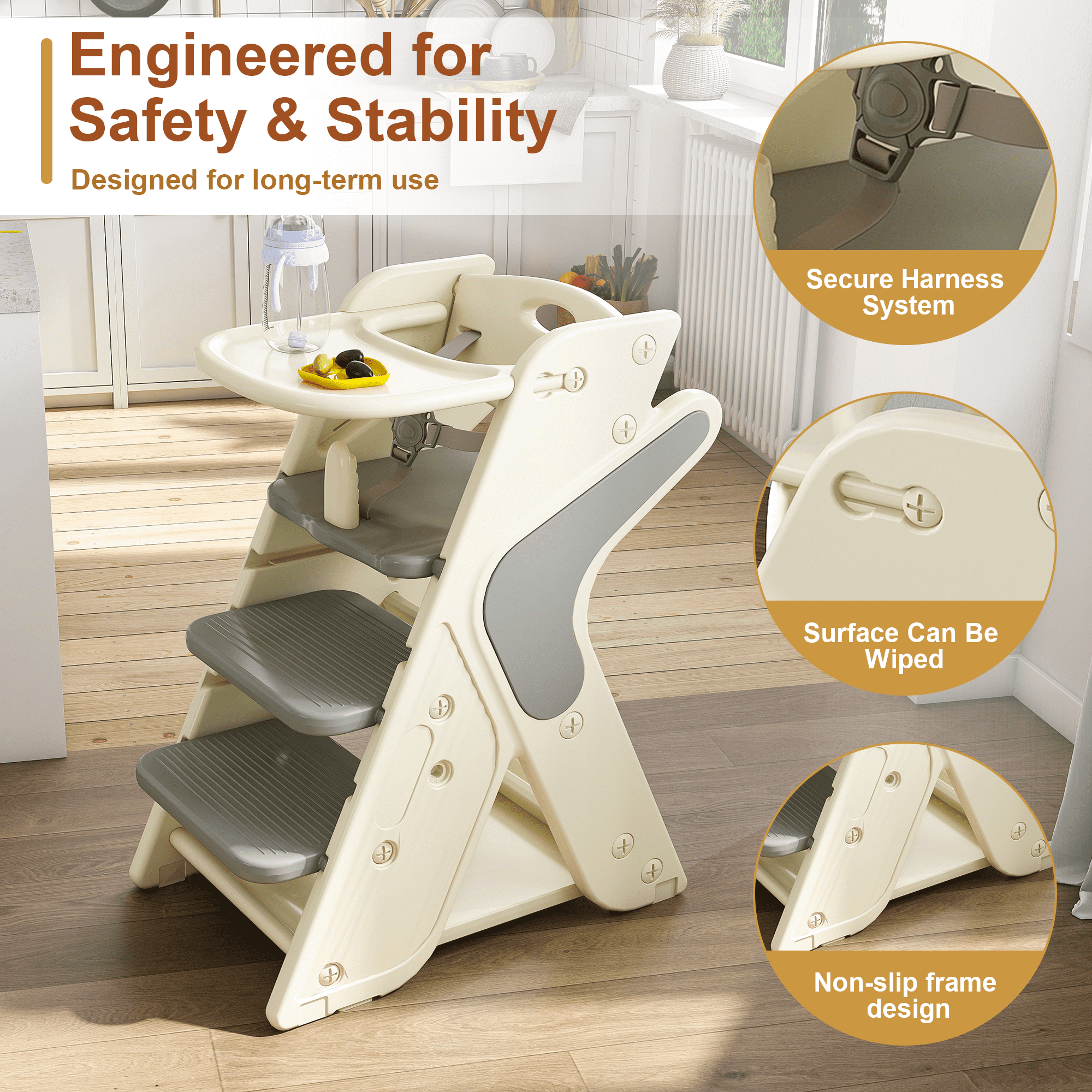 Wohh 3 in 1 Multi Functional Growing Up Dining Chair for Eating, Convertible Baby High Chair Toddler Learning Tower & Step Stool, Adjustable Height with 5-Point Harness, Removable Tray(Grey)