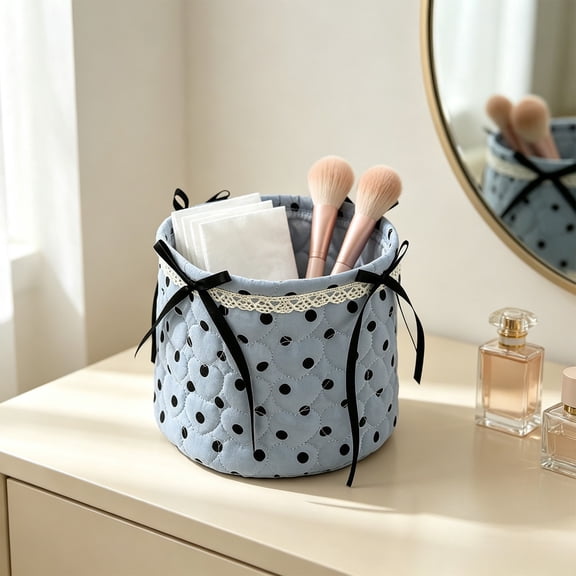 Cosmetic Storage Basket, Desktop Organizer Bag with Heart Quilted Print and Foldable Design for Bedroom, Bathroom, and Gift Use