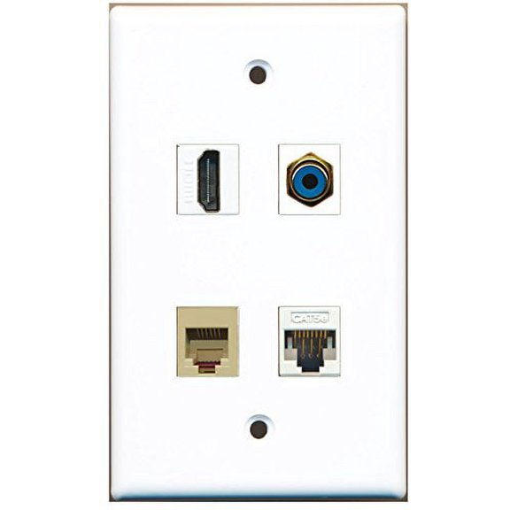 RiteAV - 1 Port HDMI 1 Port RCA Blue 1 Port Phone RJ11 RJ12 Beige 1 Port Cat5e Ethernet White Wall Plate