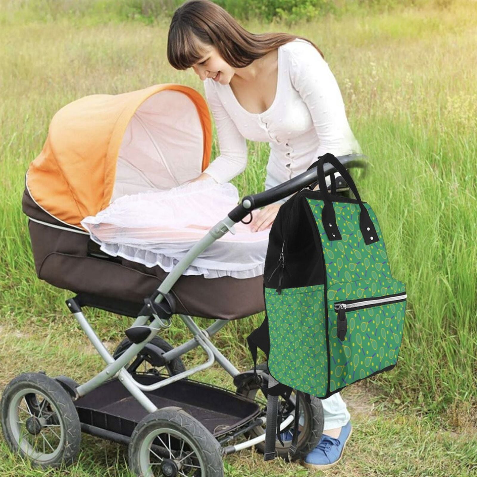 Fuzoiu Tennis Rockets And Balls Print Diaper Bag Backpack,Baby Essentials Travel Tote,Multi function Waterproof Diaper Bag, Travel Essentials Baby Bag - Unisex
