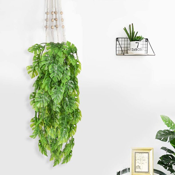 2 PCS Artificial Hanging Plants Fake Vine Fake Hanging Rattan Monstera