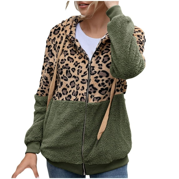 WREESH Womens Casual Double Fuzzy Sweatshirt Faux Fleece Zip Up Pullover Hoodies Coat Leopard Outwear with Pockets Olive Green