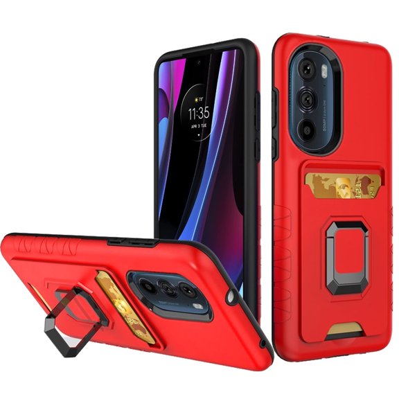 For Motorola Edge Edge Plus 2022 XT2201DL Card Holder Cover Phone Case Tempered Glass - Red