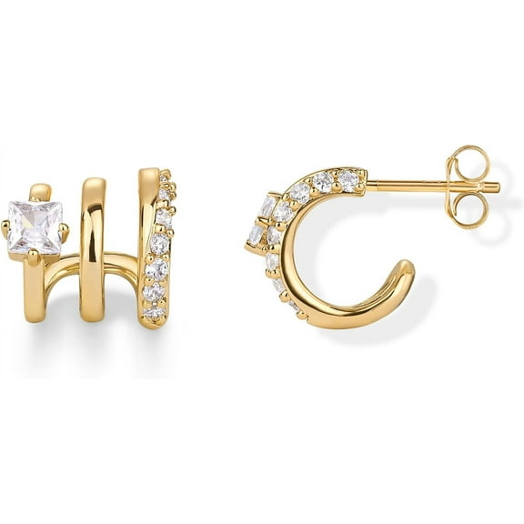 Leander 14K Gold Plated Sterling Silver Posts Cubic Zirconia Segment Triple Hoop Earrings for Women | Statement Triple Hoop Stud Earrings