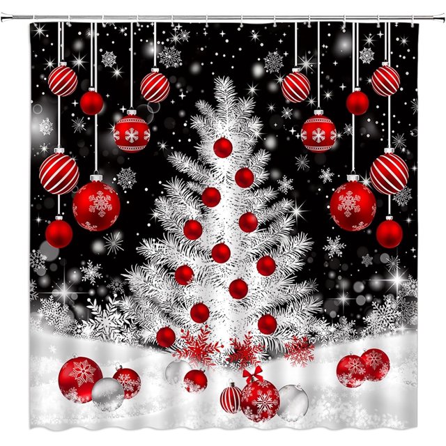Rideau de Douche de Noël Sapin de Noël Boules Rouges Flocon de Neige Hiver Vacances Fantaisie Nouvel An Tissu Décoration de Salle de Bain Rideaux avec Crochets, Noir Rouge