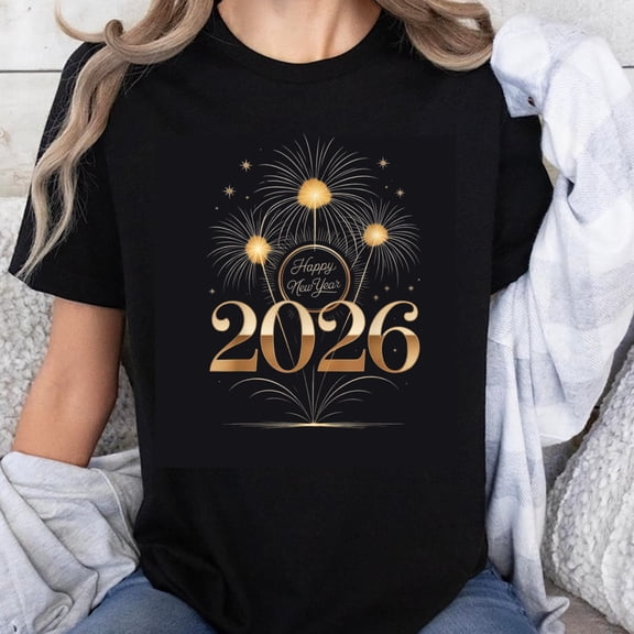100% Cotton Happy New Year 2026 Fireworks Celebration T-Shirt Women's Black Gold Print Casual Top Holiday Party Wear