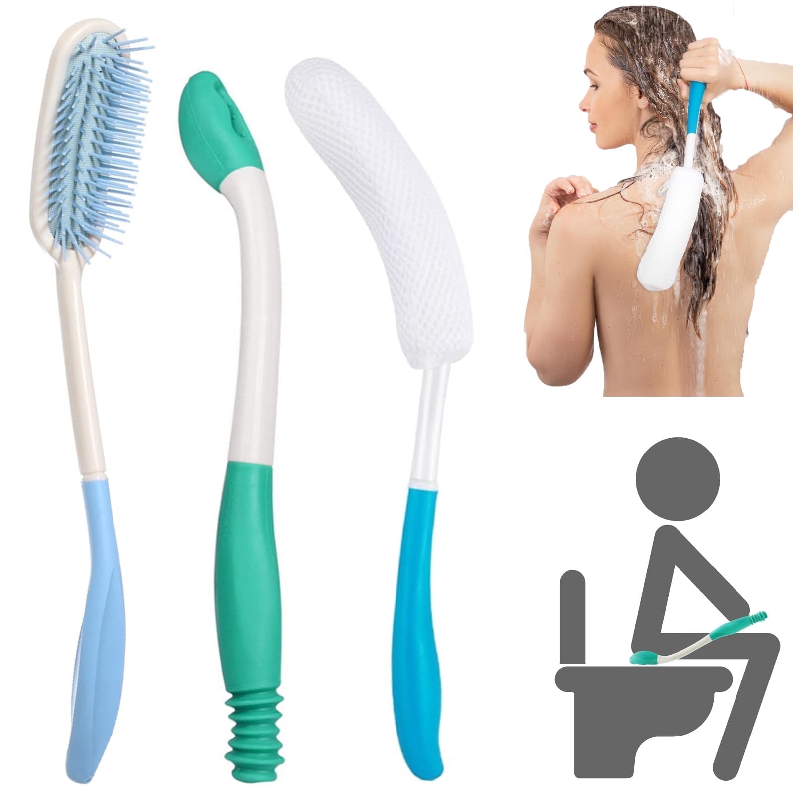 3 Pcs Toilet Aid Set for Wiping,15" Long Handle Extended Reach Wiper Set and Cleaner Bath Brush Tool, Comfort Bottom Buddy Wiping Aid for People Overweight, Elderly Disabled Pregnant