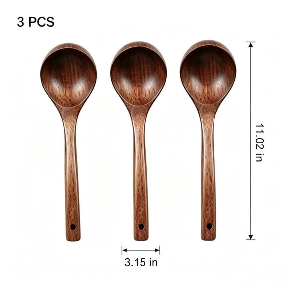 Vruelia 3X Kitchen Cooking Straight Handle Wooden Wood Soup Scoop Spoon Ladle Brown 11 inch Long