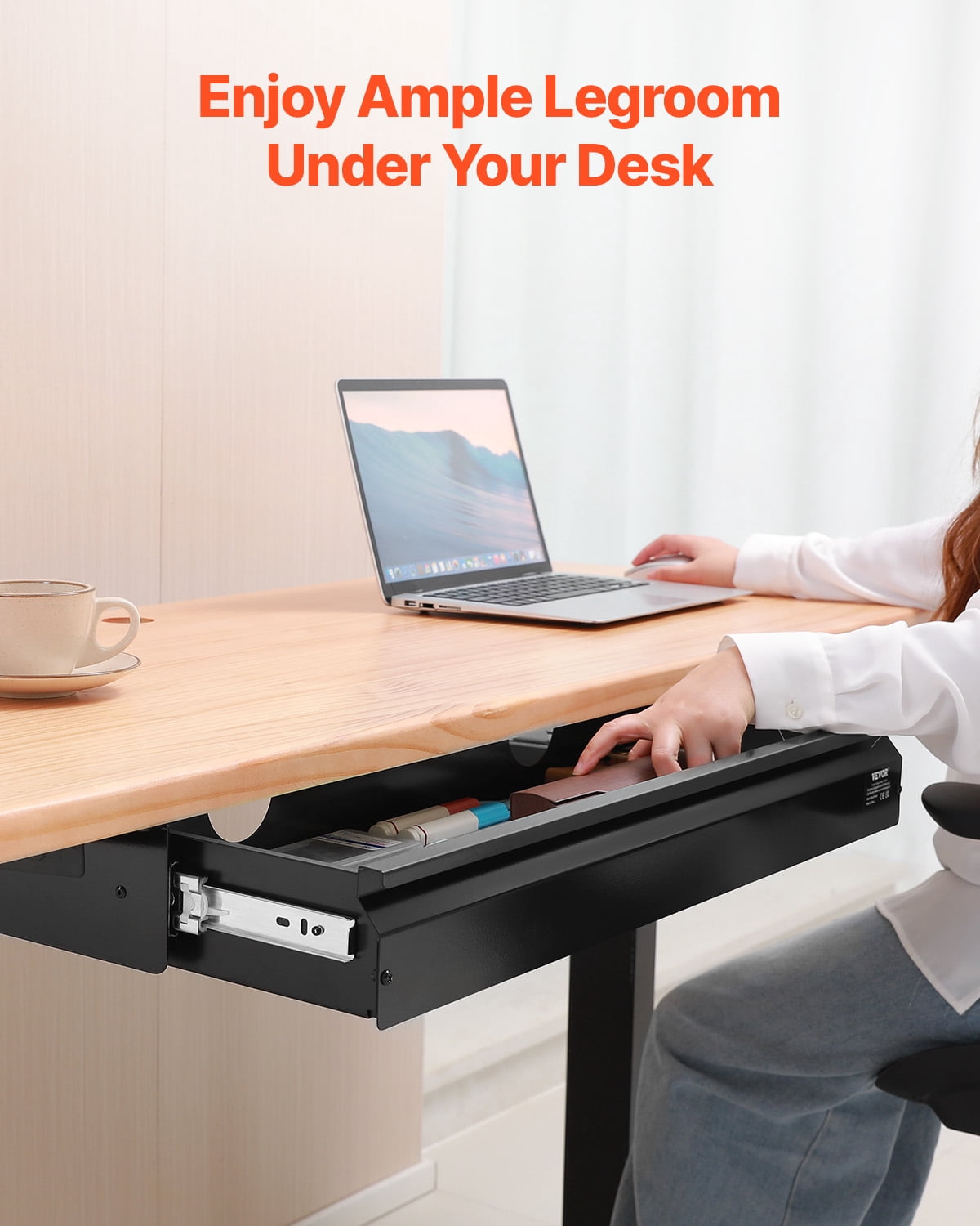 VEVOR 26" Wide Under Desk Drawer Slide Out, Under Desk Mount Pull Out Drawer Attachment, Hidden Desk Storage Organizer, Under Table Pencil Drawer for Office Home Sit Stand Workstation, 29x9x4 In
