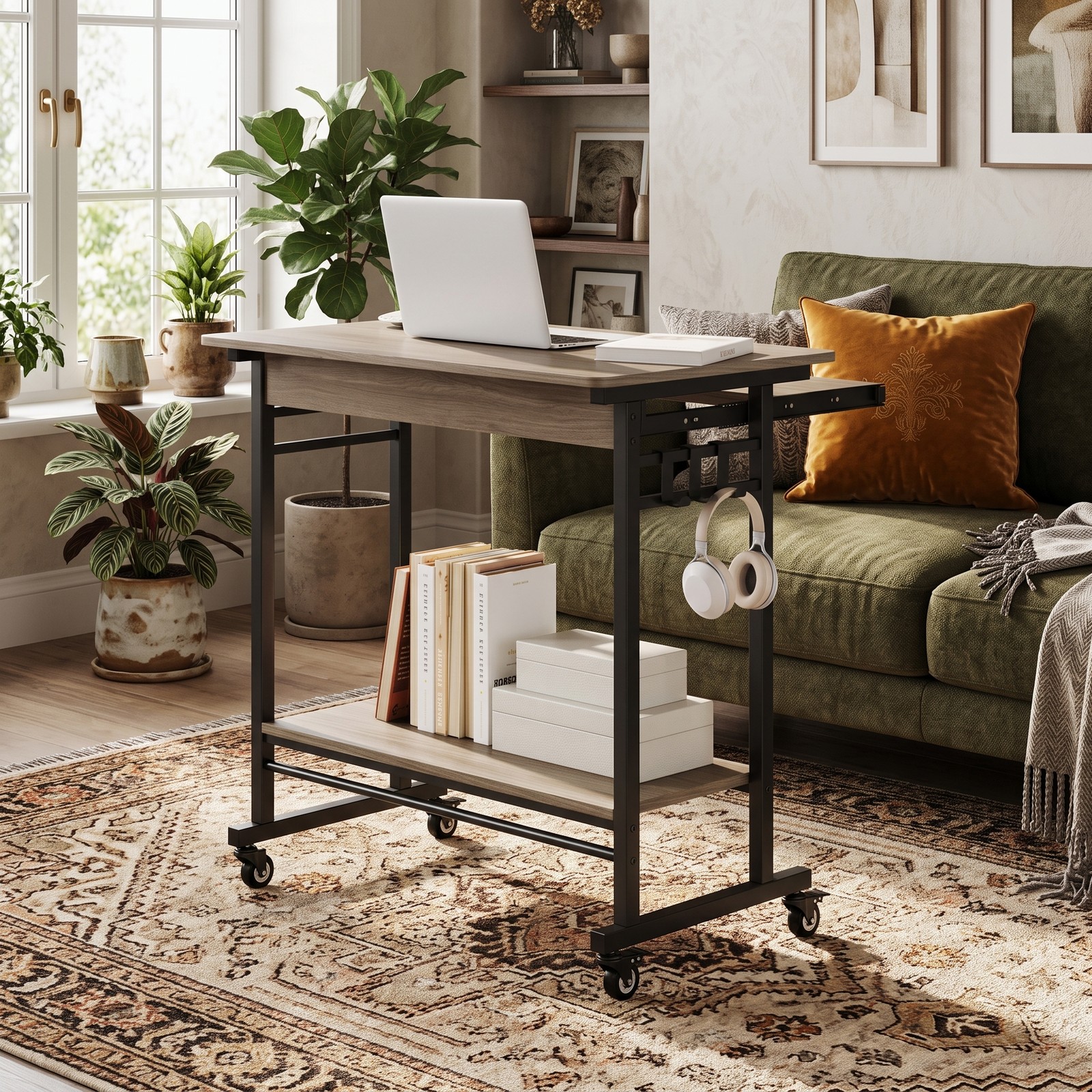 Furnibear Rolling Laptop Table Mobile Computer Desk Cart with Pull-out Keyboard Tray, 3 Hooks, Bottom Storage Shelf and Locking Wheels for Home Office, Grey