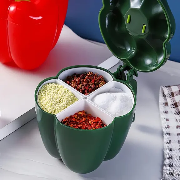 1pc Storage Container, Leak Proof Chili Pepper Shape Seasoning Box With Lid, 4-grid Seasoning Storage Box, Countertop Spice Container, For Pepper, Salt And Sugar, Home Kitchen Storage Accessories
