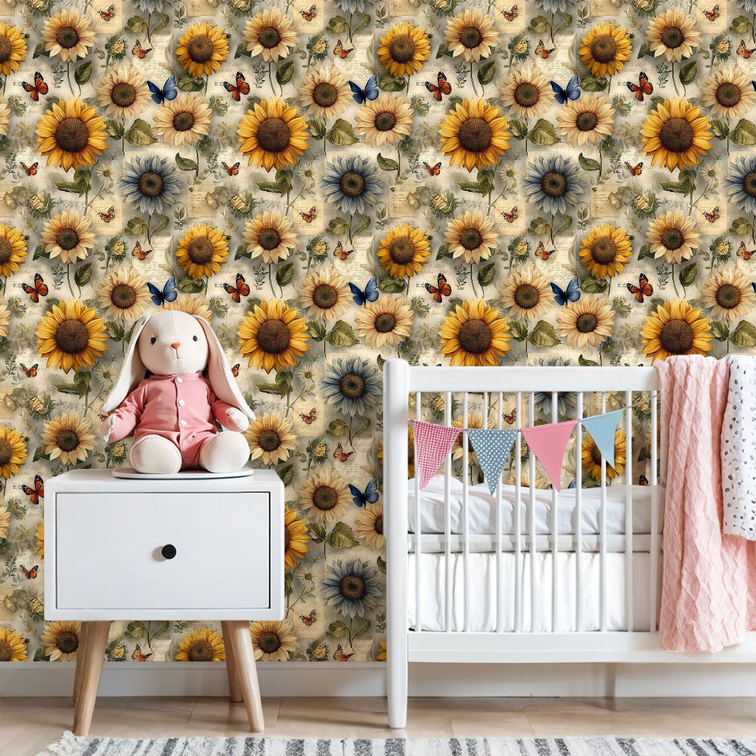 Peel and Stick Wallpaper Vintage Sunflowers Butterflies Botanical Notes Wall Mural 23.6in x 9.8ft Self Adhesive Removable Wall Paper Renter Friendly Wallpaper for Nursery Bedroom Cabinets