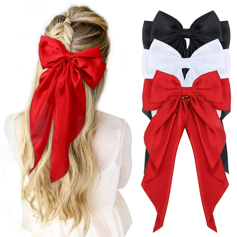 1pc Women's Velvet Long Ribbon Red Bow Hair Clip, Vintage Elegant
