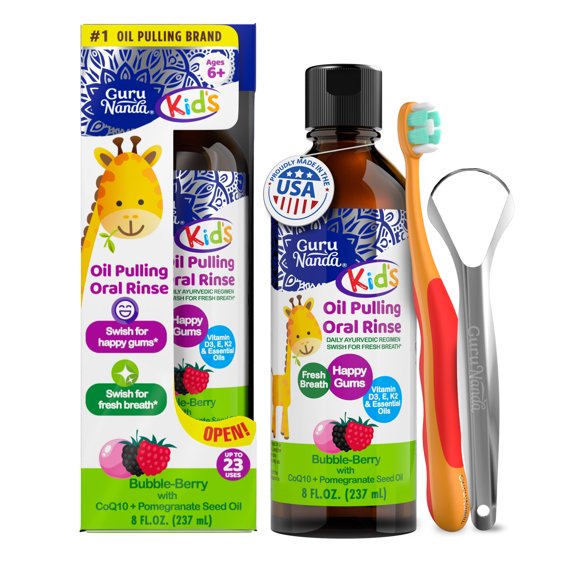 GuruNanda Kids Oil Pulling, Alcohol-Free Mouthwash, Essential Oils & Vitamins for Ages 6 & up, Natural Berry Lemon Rose, 8 Oz