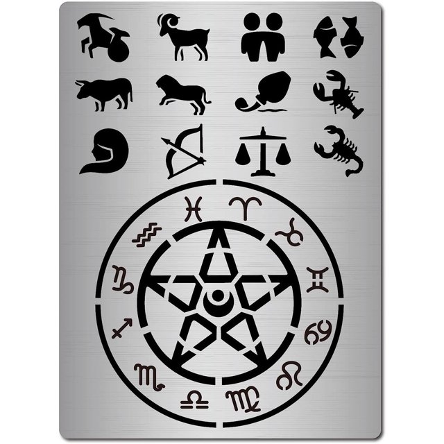 1 plantilla de metal con constelaciones, símbolos del zodíaco, glifos, acero inoxidable, astrología, horóscopo, signo