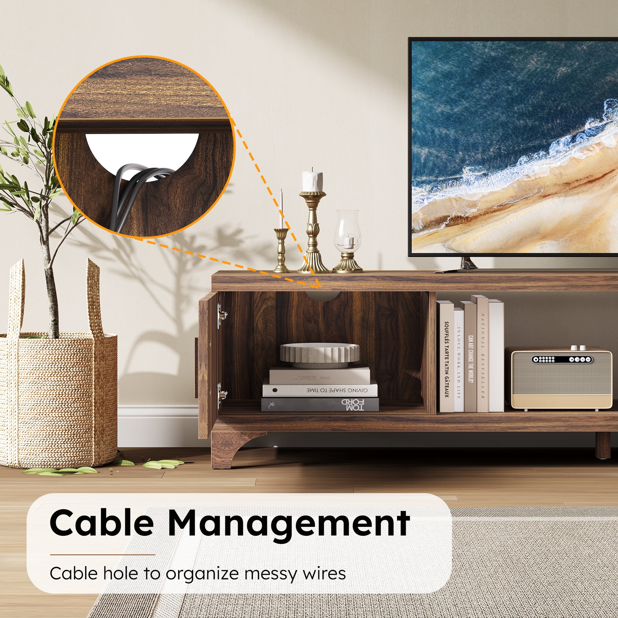 Vebreda 70 Inch Modern TV Stand for 65"/75" TVs, Mid-Century Entertainment Center with Storage, Walnut