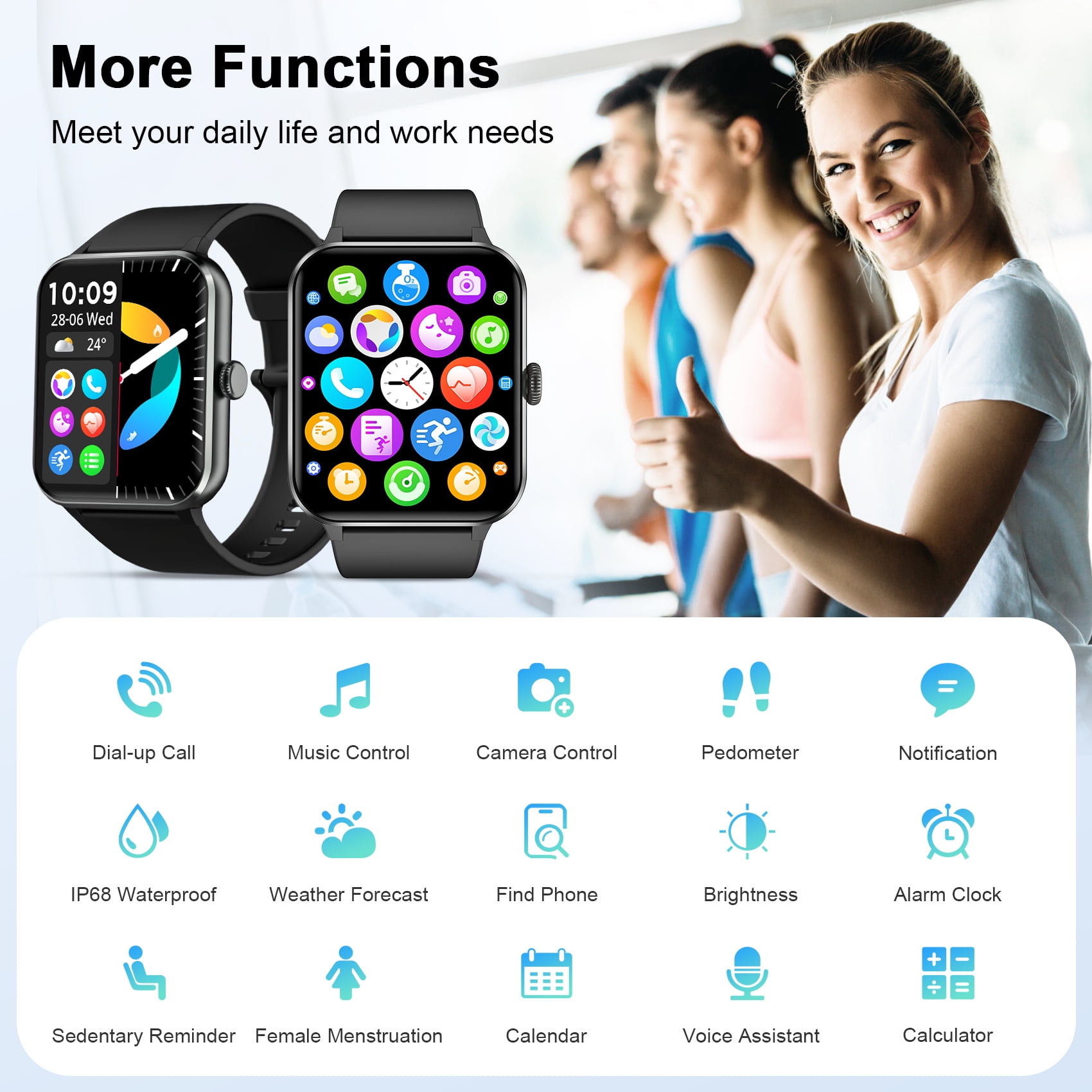 IOWODO Smart Watch for Men Women, with Bluetooth Calling, AI Voice Assistant, 100+ Sports Modes, 1.85'' Fitness Tracker for Android and iPhone (Black)