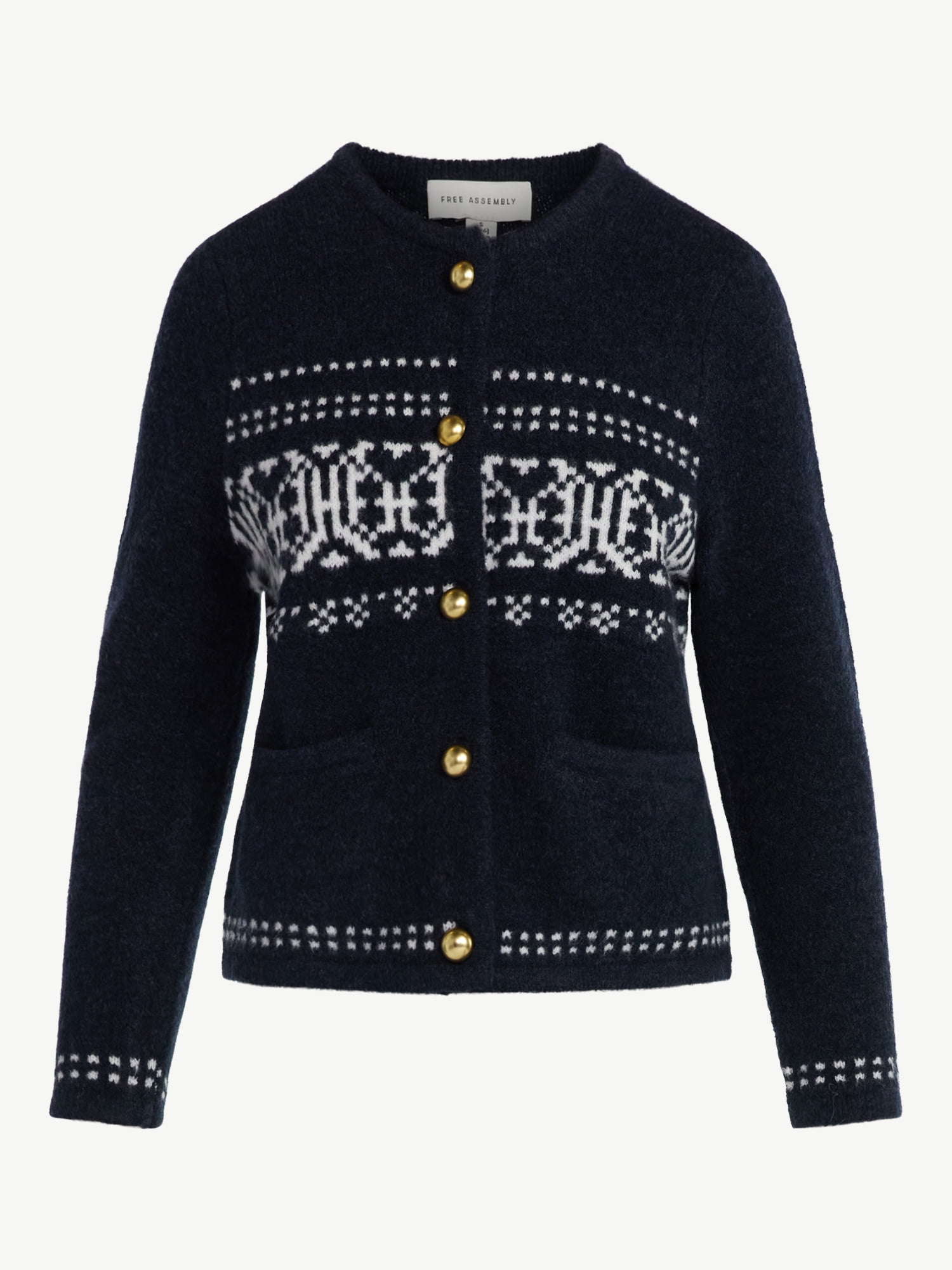 Free Assembly Women's and Women's Plus Fair Isle Cardigan with Welt Pockets, Midweight, Sizes XS-4X