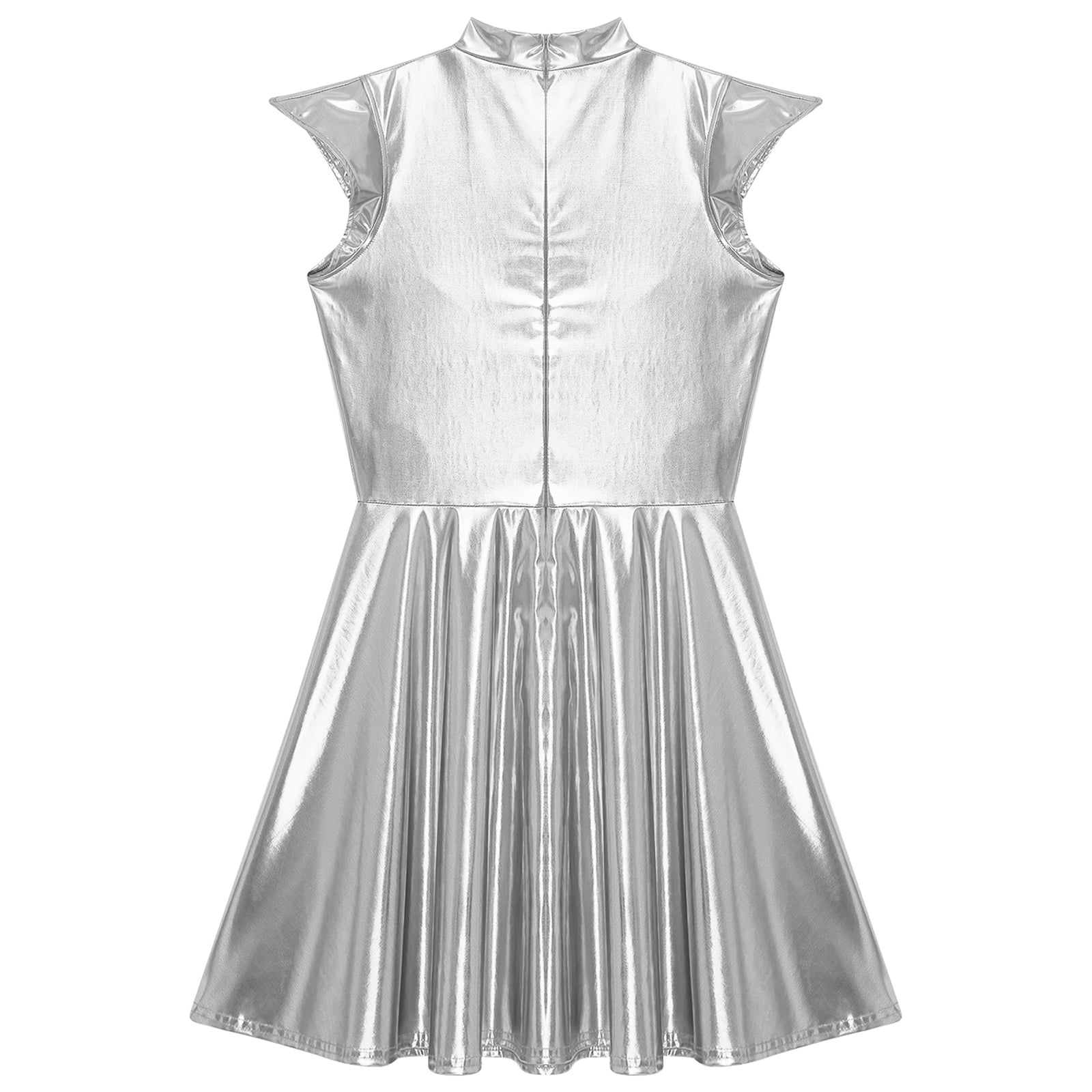 TiaoBug Women's Metallic Sleeveless Club Disco Holographic Dress Wet Look Pleated Dresses Silver M