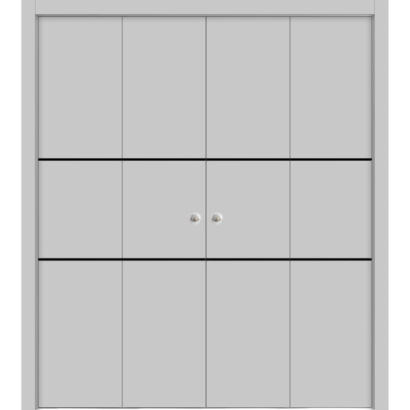 Sliding Closet Double Bi-fold Doors | Planum 0014 Grey Ash with Frosted Glass | Sturdy Tracks Moldings Trims Hardware Set | Wood Solid Bedroom Wardrobe Doors
