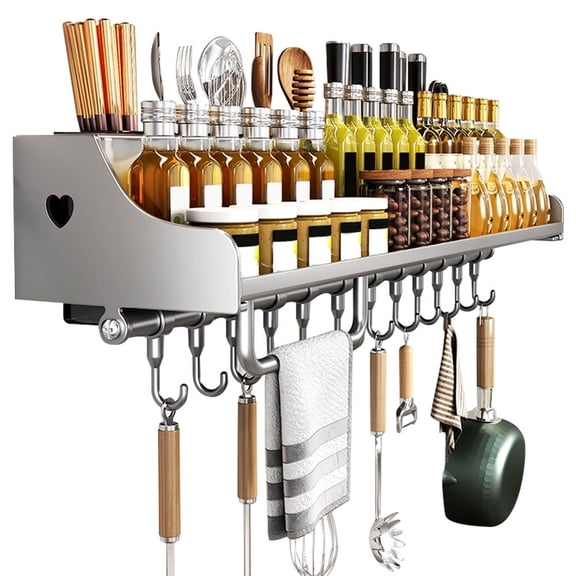 Msbyewd Hanging Spice Rack Wall Mount Kitchen Storage Shelf with 12-Hooks for Utensils Spatula Spoon, Seasoning Jar Organize