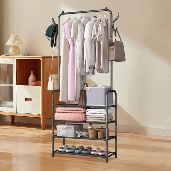 COM1950s Movable Clothing Rack,Wardrobe Organizer with Shelves and Hanging Rod,Portable Closet for Bedroom Entryway Hallway