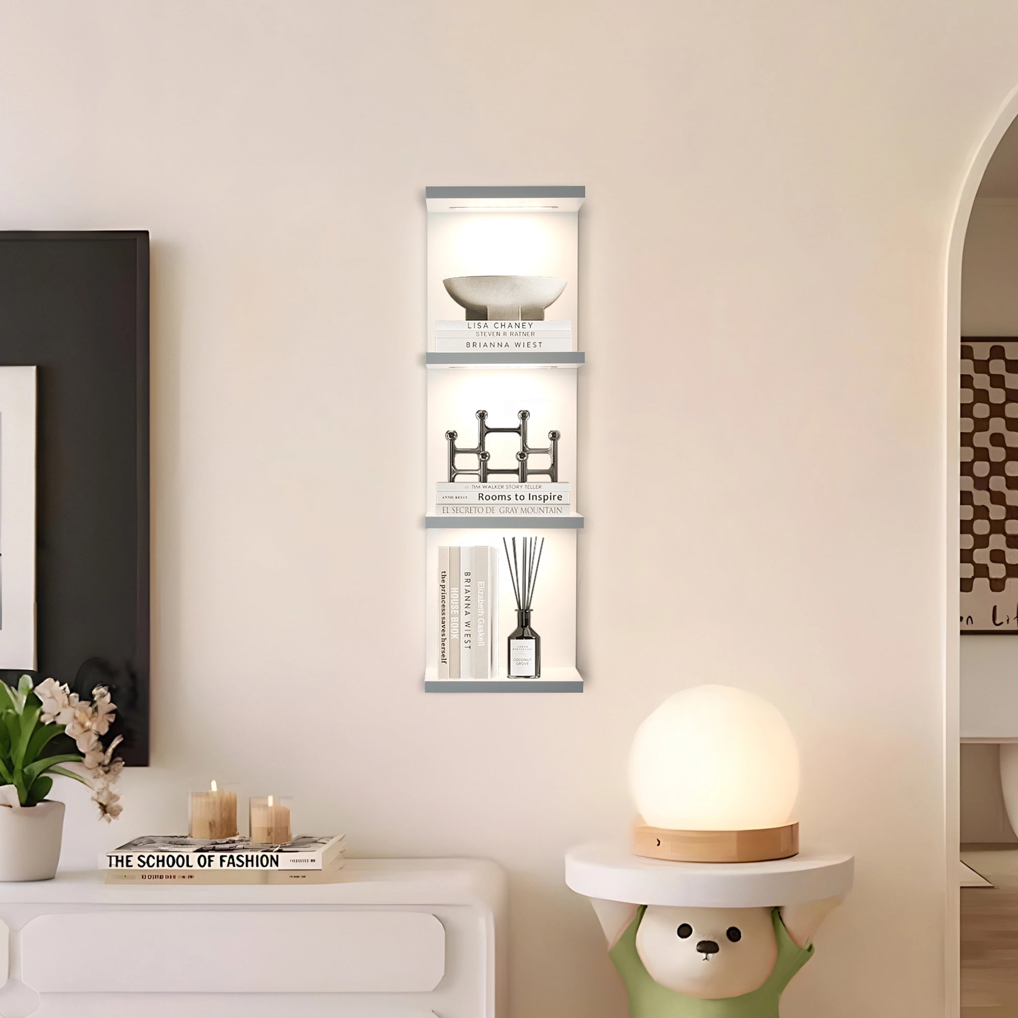 Versatile 4 Tier Wall Shelf Unit,White Lack Wall Shelf,Display Floating Shelf with LED Remote Control Light