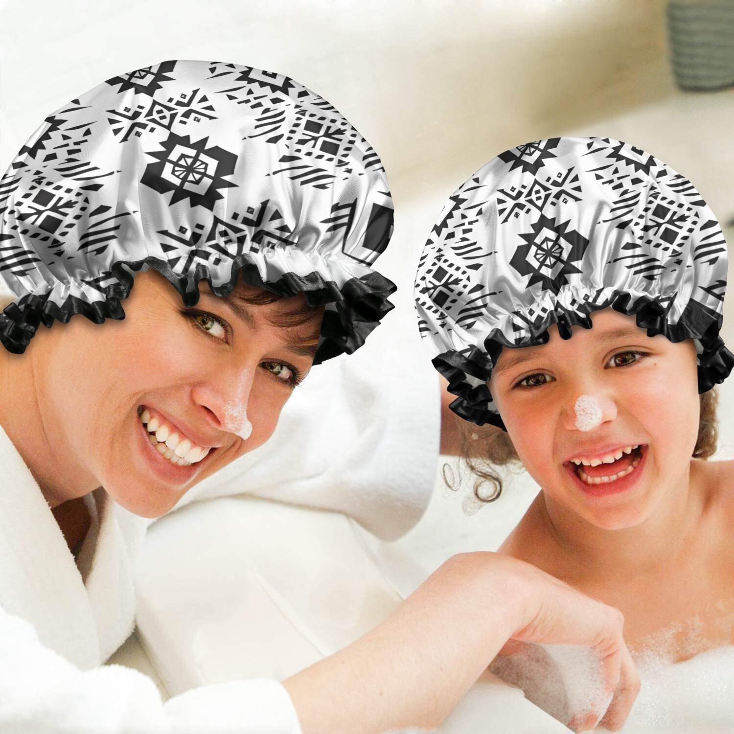 Shower Caps,Black Geometric Triangle Diamond Pattern Waterproof Shower Cap for Women 4 Pieces,Double Reusable Hair Cover for Shower PEVA Elastic Stretch Hem