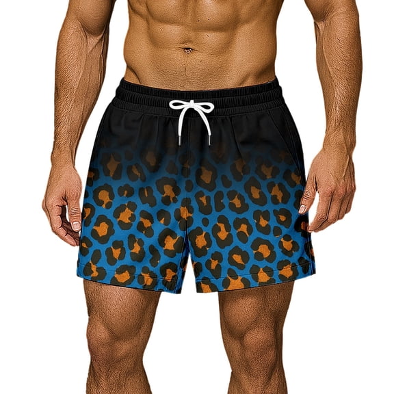 CONZONE Mens Swim Trunks Elastic Waist Drawstring Summer Shorts for Men Patchwork Leopard Lightweight Loose Fit Vacation Beach Shorts With Pockets