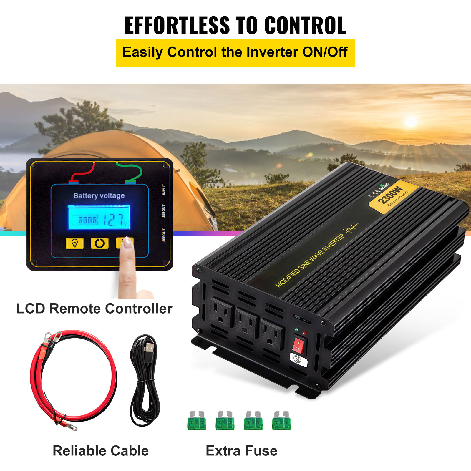 KFFKFF DC 24V to AC 120V Car Converter with LCD Display Remote Controller LED Indicators AC Outlets Power Inverter for Car RV Truck Boat Travel Camping 2300W Modified Sine Wave Inverter