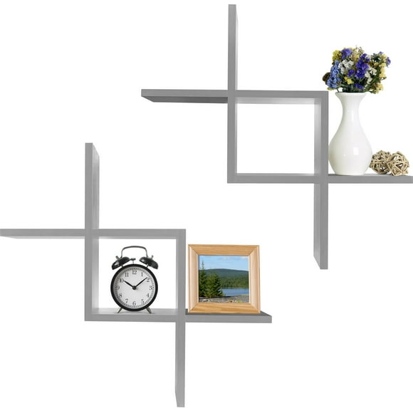 Greenco Criss Cross Intersecting Wall Mounted Floating Shelves 2 Pack Count Gray Finish, 2-Pack, 2
