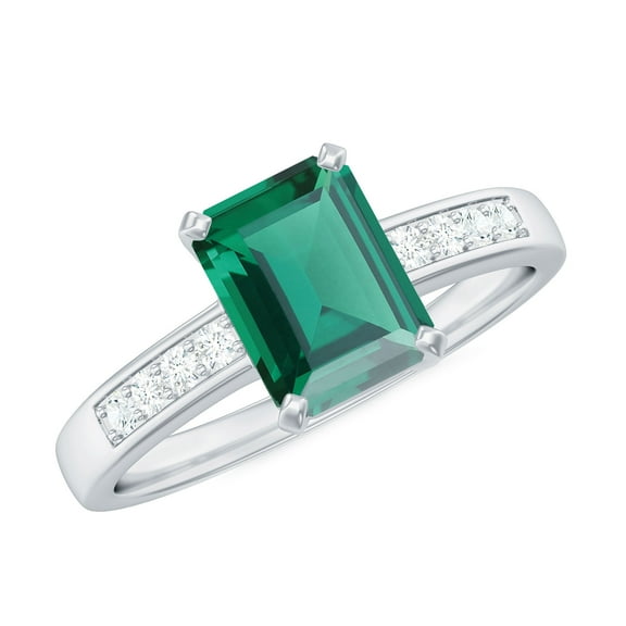 Rosec Jewels Emerald Cut Lab Grown Emerald Solitaire Engagement Ring with Diamond (6X8 mm, AAAA Grade), 925 Sterling Silver, US 4.00
