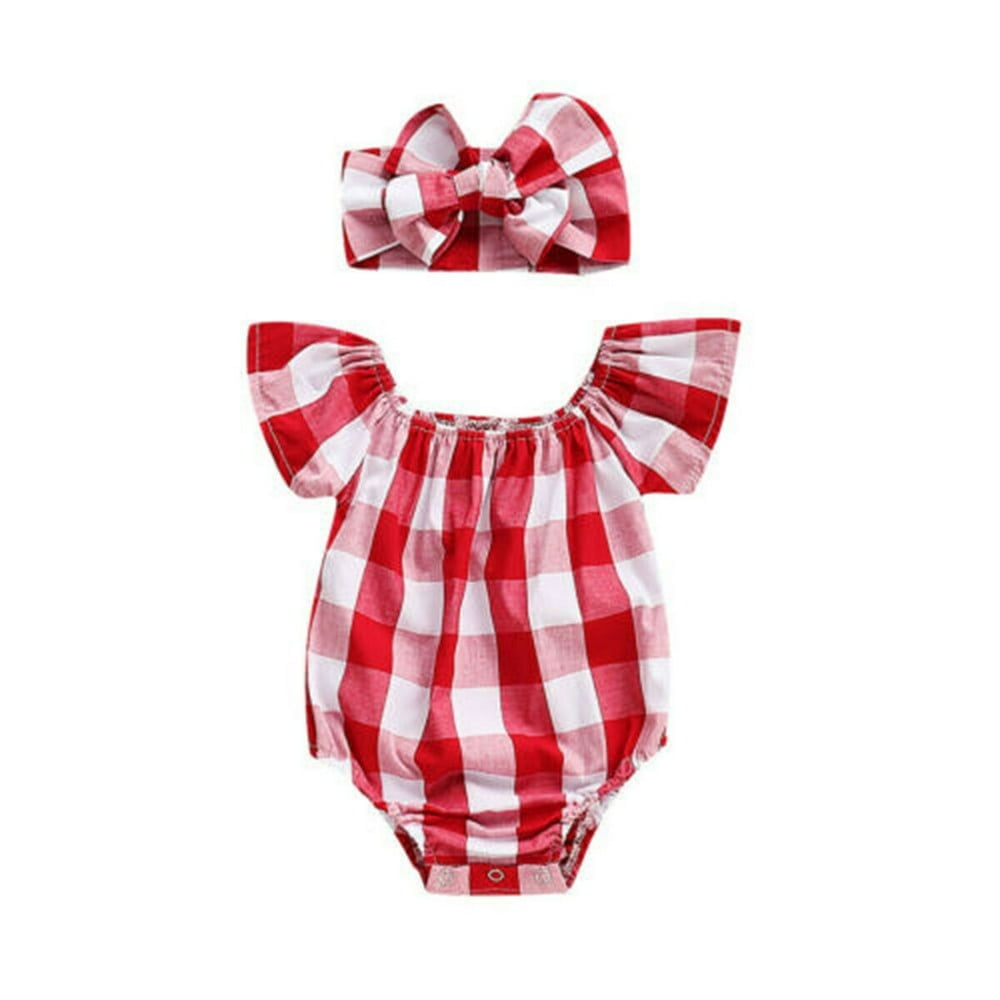 2PCS Newborn Baby Girl Romper Outfit Off Shoulder Red and White