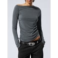 thumbnail image 3 of Women's Spring Summer Fitted Tops Long Sleeve Irregular Off Shoulder Ruched T-shirt, 3 of 8