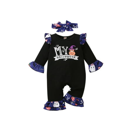 

ZIYIXIN My 1st Halloween Outfits Newborn Baby Girl Long Sleeve Ruffle Jumpsuit Ghost Pumpkin Romper Bodysuit Headband Set Black B 12-18 Months